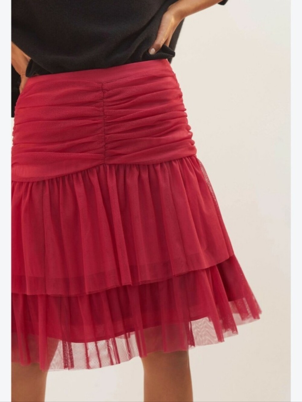 Anthropologie Maeve berry red tulle tiered skirt